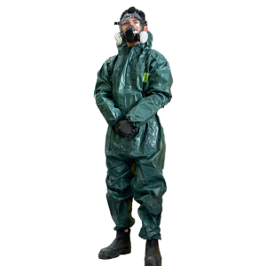 man in dark green chemical coverall wearing a full face respirator