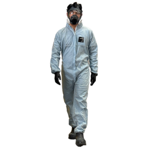 man in light blue chemical coverall wearing a full face respirator