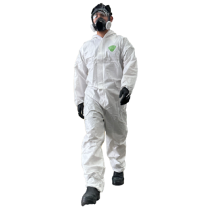 man in white chemical coverall wearing a full face respirator
