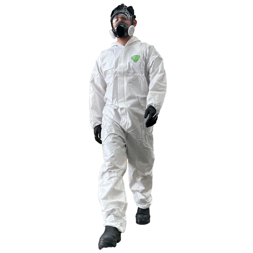 man in white chemical coverall wearing a full face respirator