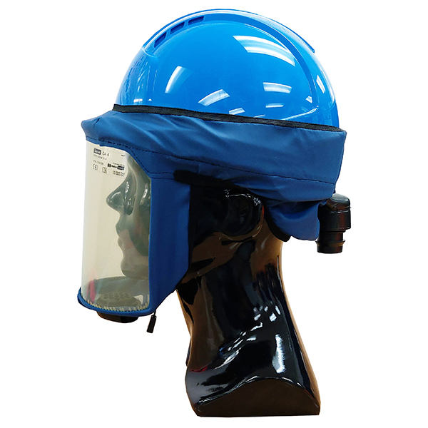 blue hard hat with blue hood