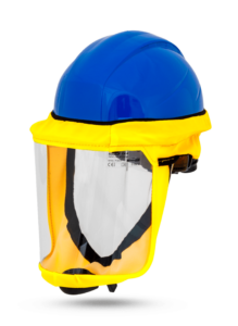 blue hard hat with yellow hood