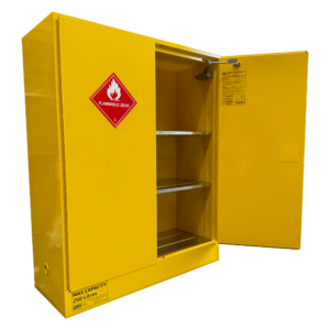 pH7 yellow class 3 oversized flammable liquid storage cabinet 250L capacity with door open