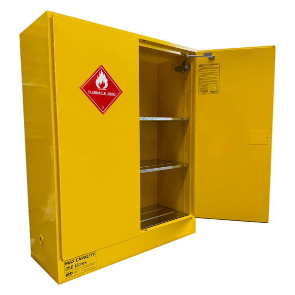 pH7 yellow class 3 oversized flammable liquid storage cabinet 250L capacity with door open