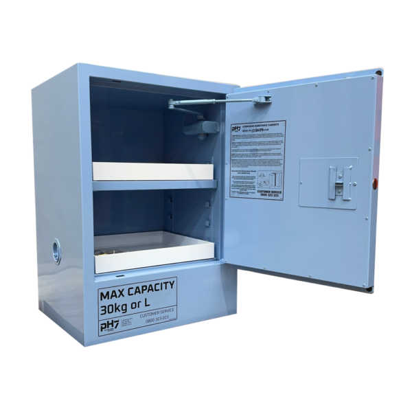 pH7 blue class 8 corrosive substance storage cabinet 30L capacity with door open