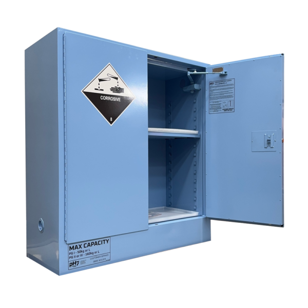 pH7 blue class 8 corrosive substance storage cabinet 160L capacity with door open