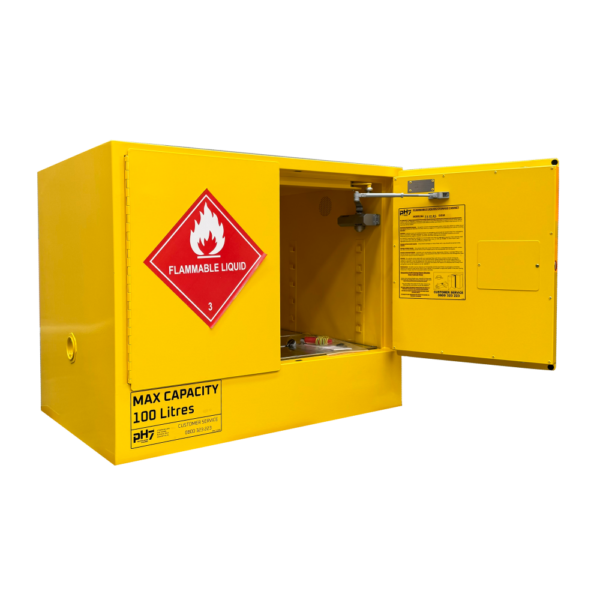 pH7 yellow class 3 flammable liquid storage cabinet 100L capacity door open