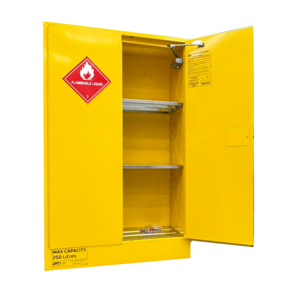 pH7 yellow class 3 flammable liquid storage cabinet 250L capacity door open