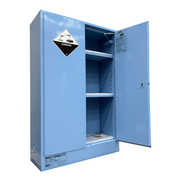 pH7 blue class 8 corrosive substance storage cabinet 250L capacity with door open