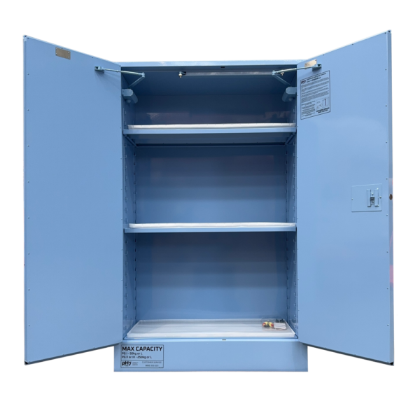 pH7 blue class 8 corrosive substance storage cabinet 250L capacity with both doors open