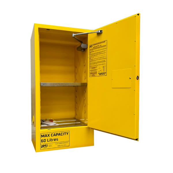 pH7 yellow class 5.1 oxidizing agents storage cabinet 60L capacity with door open