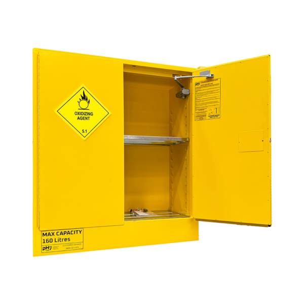 pH7 yellow class 5.1 oxidizing agents storage cabinet 160L capacity with one door open