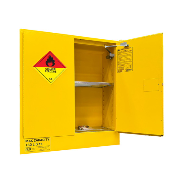 pH7 yellow class 5.2 organic peroxides storage cabinet 160L capacity with one door open