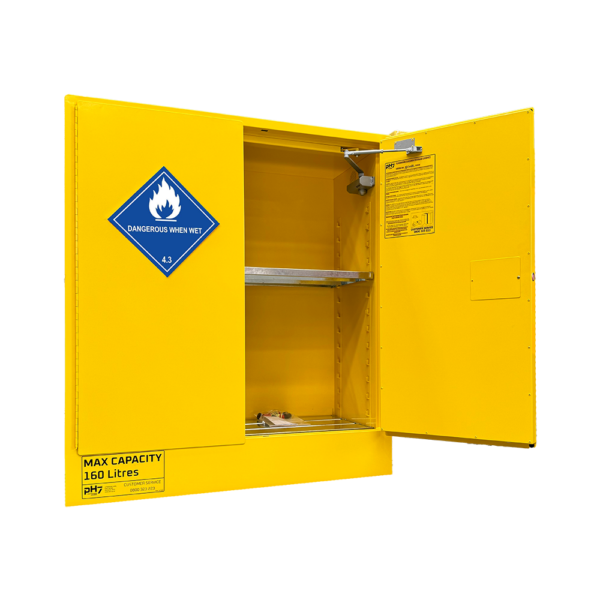pH7 yellow class 4 dangerous goods storage cabinet 160L capacity with one door open