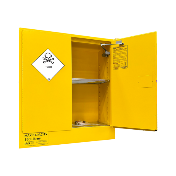 pH7 yellow class 6 toxic substances storage cabinet 160L capacity with one door open