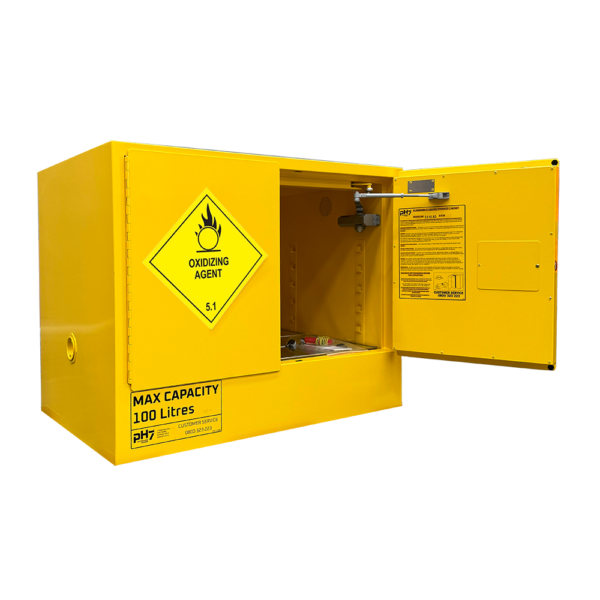 pH7 yellow class 5.1 oxidizing agents storage cabinet 100L capacity with door open
