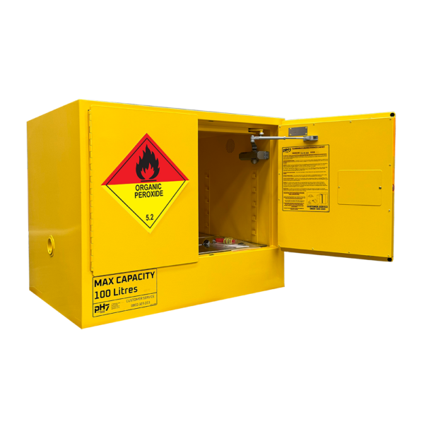 pH7 yellow class 5.2 organic peroxides storage cabinet 100L capacity with door open