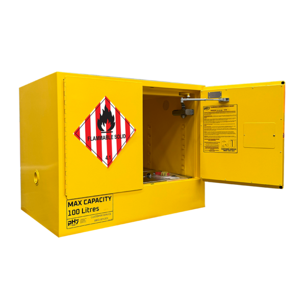 pH7 yellow class 4 dangerous goods storage cabinet 100L capacity with door open