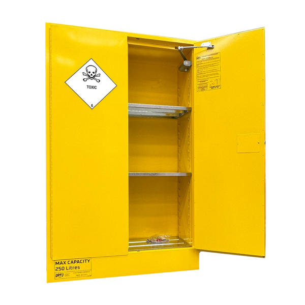 pH7 yellow class 6 toxic substances storage cabinet 250L capacity with one door open