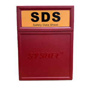 dark red hard file holder with sds written on it