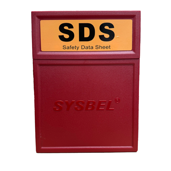 dark red hard file holder with sds written on it