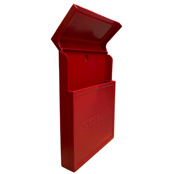 dark red file holder with lid open