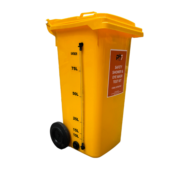 yellow wheelie bin with measurement units on the left side