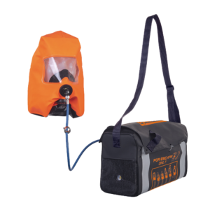 escape respirator with hood that is attached to a tube and a bag carrying oxygen tank