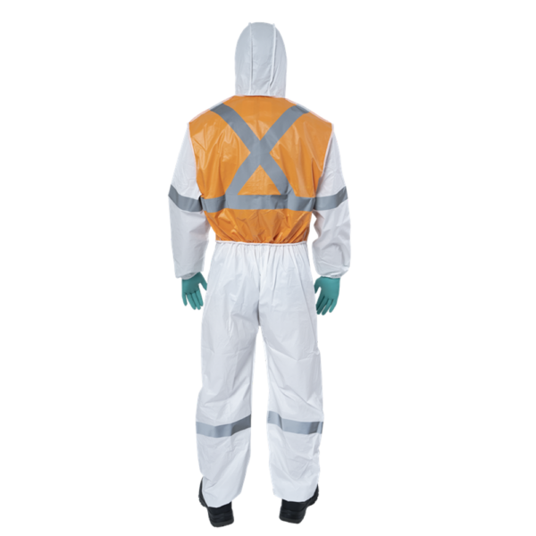 a light chemical protective coverall with an orange high visibility top