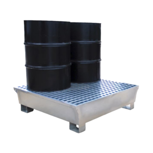 steel spill containment pallet with two drums sitting on top
