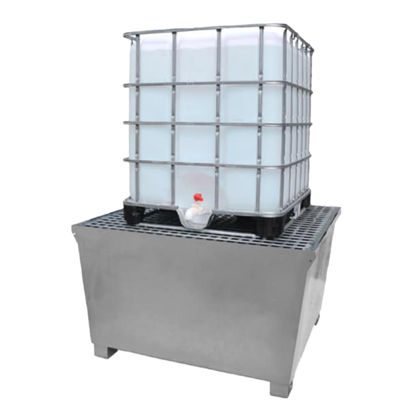 steel ibc pallet with an ibc tank sitting on top