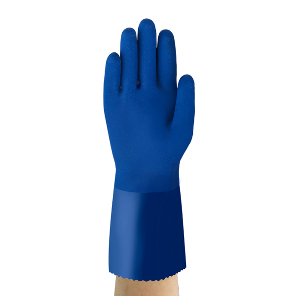 Front view of a blue AlphaTec 04-644 chemical-resistant glove with textured finish.