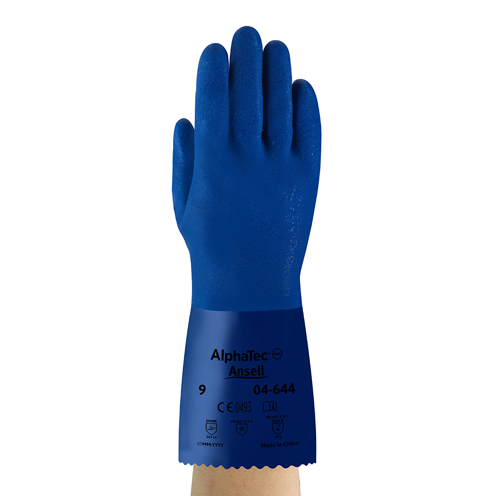 Back view of AlphaTec 04-644 glove showing product markings and certification symbols.