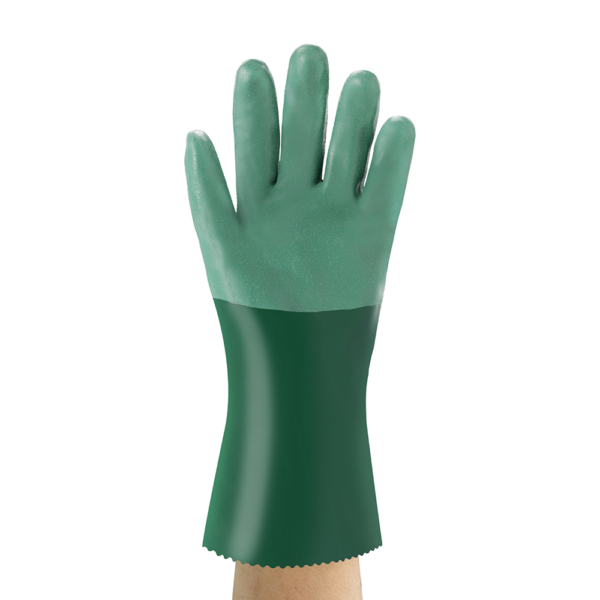 Palm view of Ansell AlphaTec 08-354 glove with extended cuff and textured fingers for improved grip
