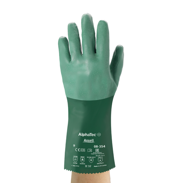 Back view of Ansell AlphaTec 08-354 glove showing printed compliance markings and full wrist protection