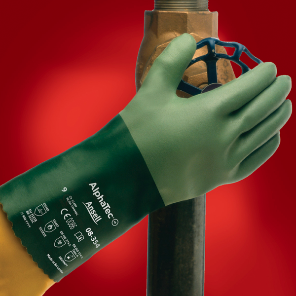 Ansell AlphaTec 08-354 glove in use, gripping a metal valve in a chemical handling environment