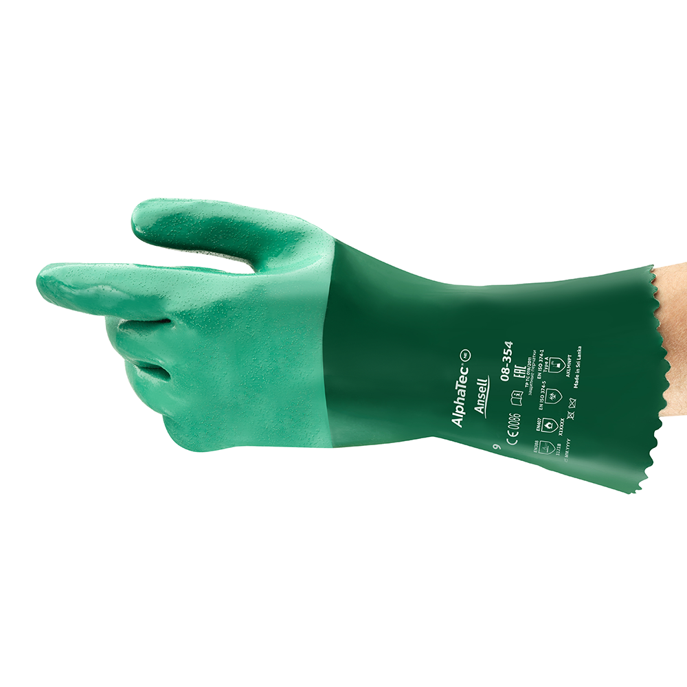 Side view of Ansell AlphaTec 08-354 glove showing textured green finish and chemical-resistant cuff