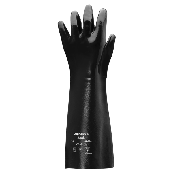 Ansell AlphaTec 09-928 chemical-resistant glove back view with long cuff protection