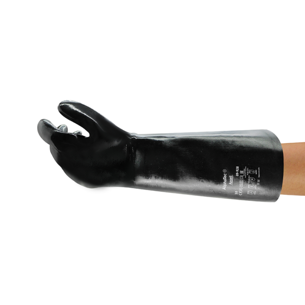 Ansell AlphaTec 09-928 glove worn on hand demonstrating ergonomic fit and chemical splash protection