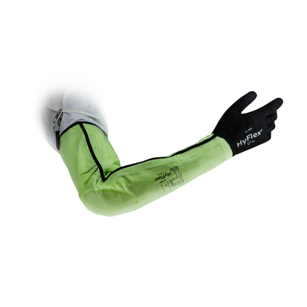 Ansell HyFlex 11-200 sleeve shown in use with glove for full arm protection