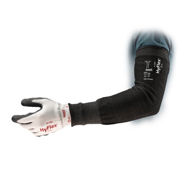 Ansell HyFlex 11-250 cut protection sleeve worn on arm with HyFlex 11-735 glove, demonstrating full-arm coverage.