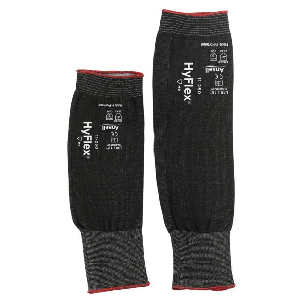 Front view of two sizes of Ansell HyFlex 11-250 cut-resistant sleeves showing printed specifications and red cuffs.