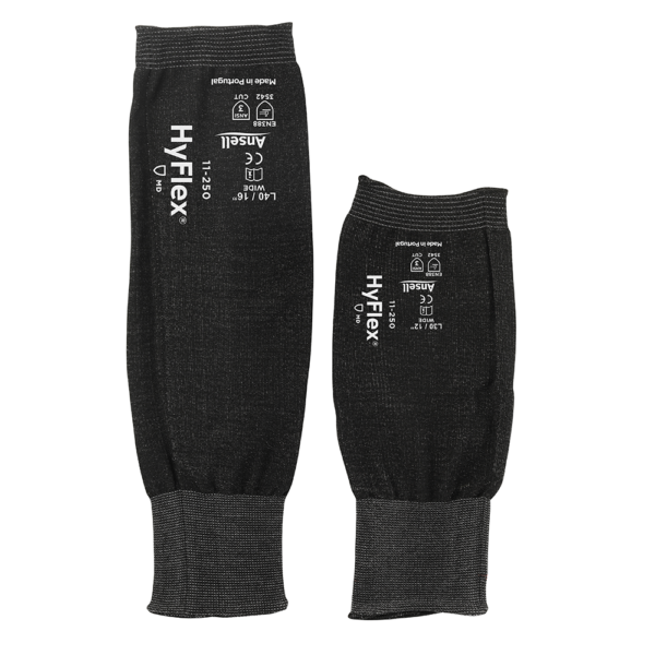 Back view of two Ansell HyFlex 11-250 sleeves in narrow and wide fit, highlighting CE certification and length details.