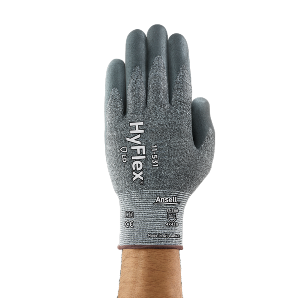 Palm-side view of HyFlex 11-531 glove showing EN388 4X42B cut resistance rating and product branding.
