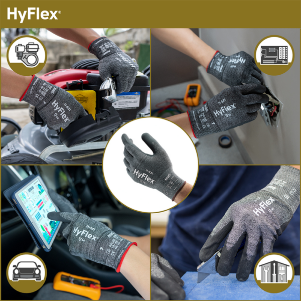 HyFlex 11-531 gloves used in automotive, electrical, and precision cutting applications, demonstrating versatility.