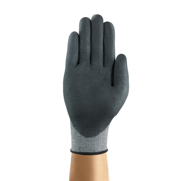 Rear view of Ansell HyFlex 11-537 glove showing seamless knit wrist and foam nitrile coating