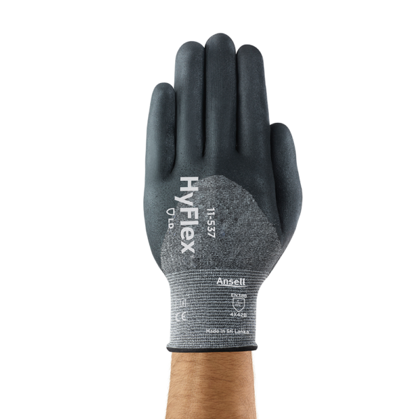 Front view of Ansell HyFlex 11-537 glove displaying glove markings and size detail