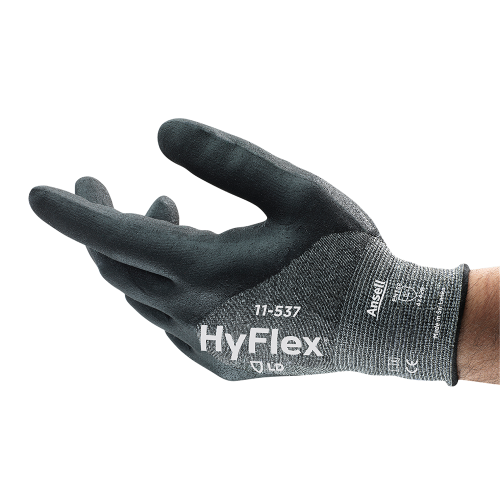 Side profile of Ansell HyFlex 11-537 glove highlighting ergonomic fit and foam nitrile palm