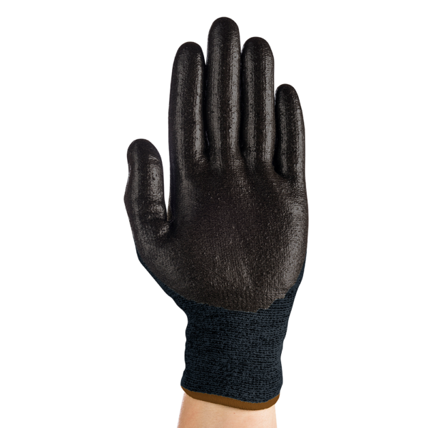 Palm view of Ansell HyFlex 11-542 glove showing black coating and ergonomic fit