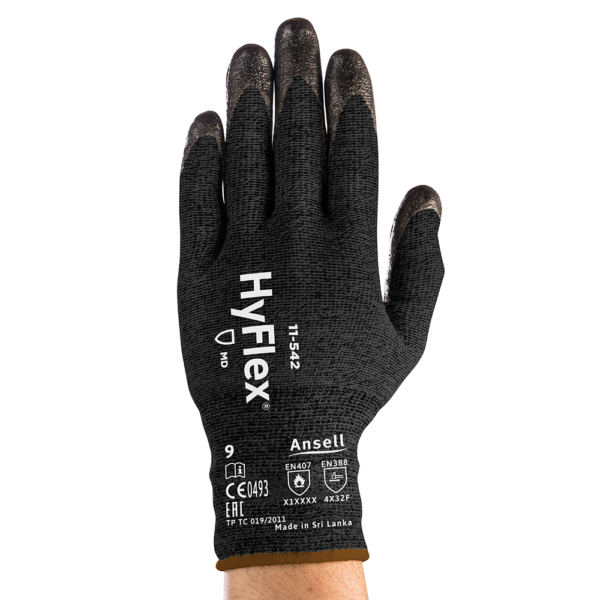 Back view of Ansell HyFlex 11-542 glove with product markings and EN388 certification